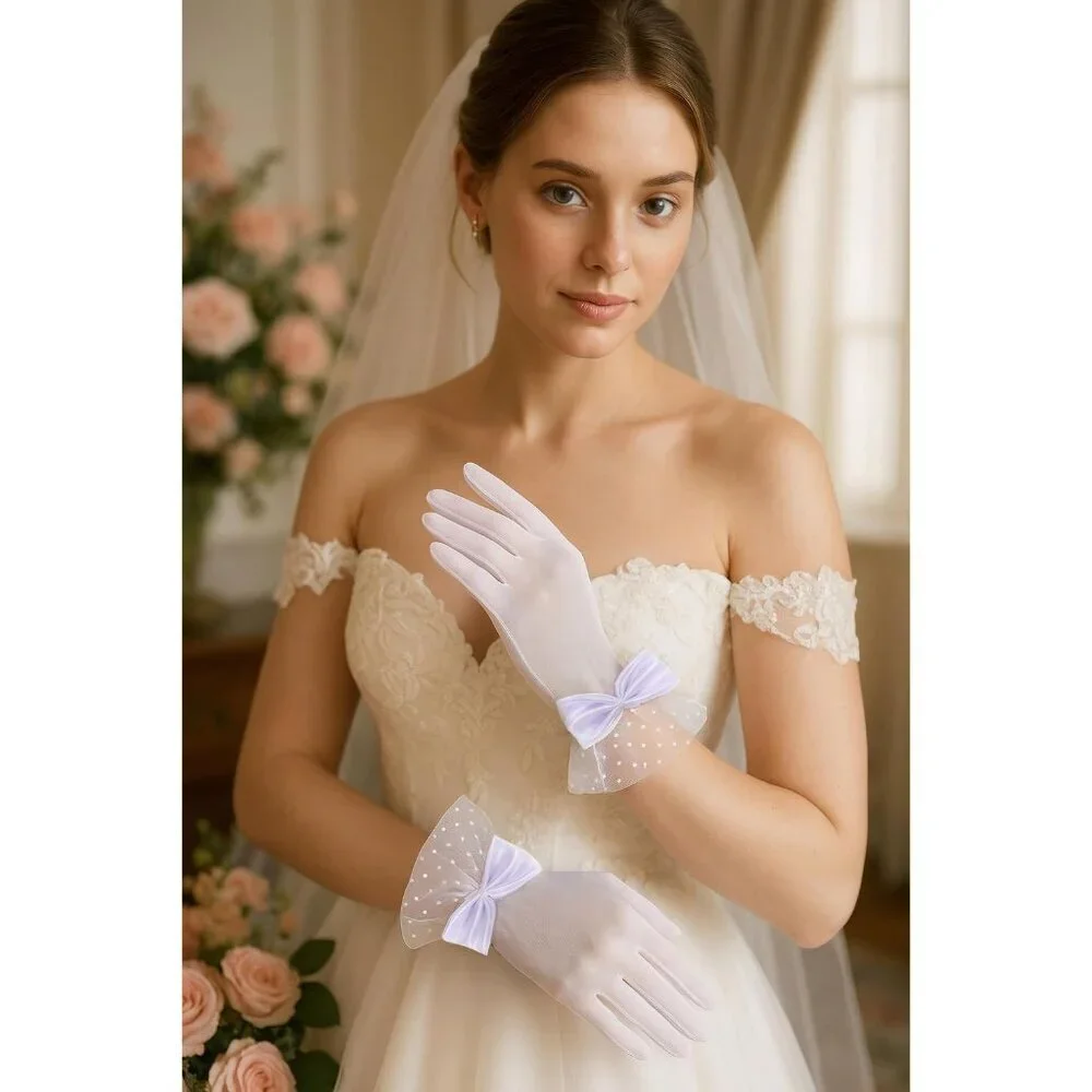 Women's Bow Gloves White Short Lace Evening Wedding Accessories Party Prom